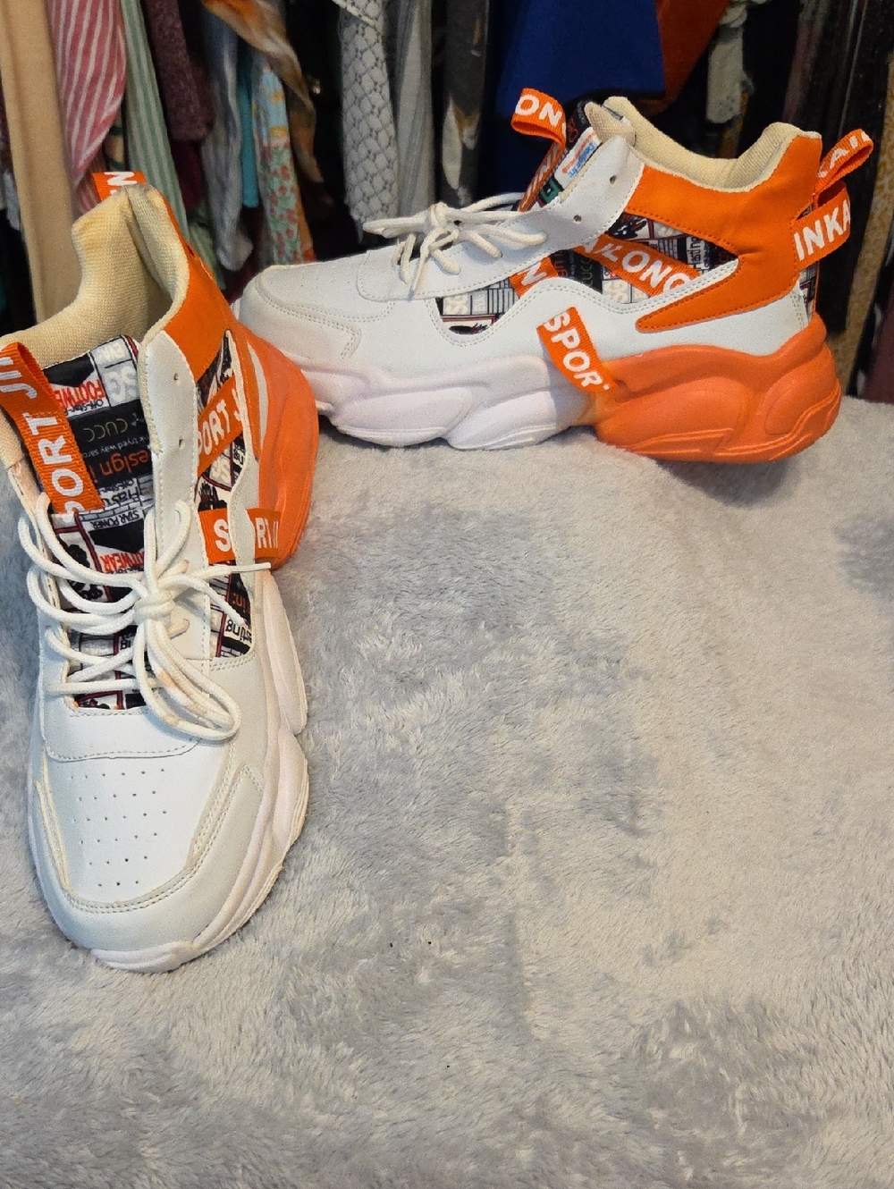Kids White & Orange High-Top Fashion Sneakers